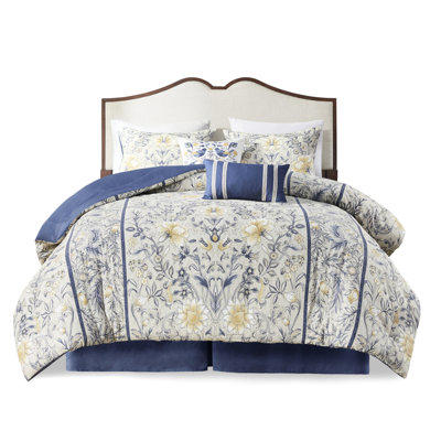 Queen Size 6 Piece Cotton Comforter , Botanical Print In Blue And Yellow For Luxury Rest Queen, Fresh Night