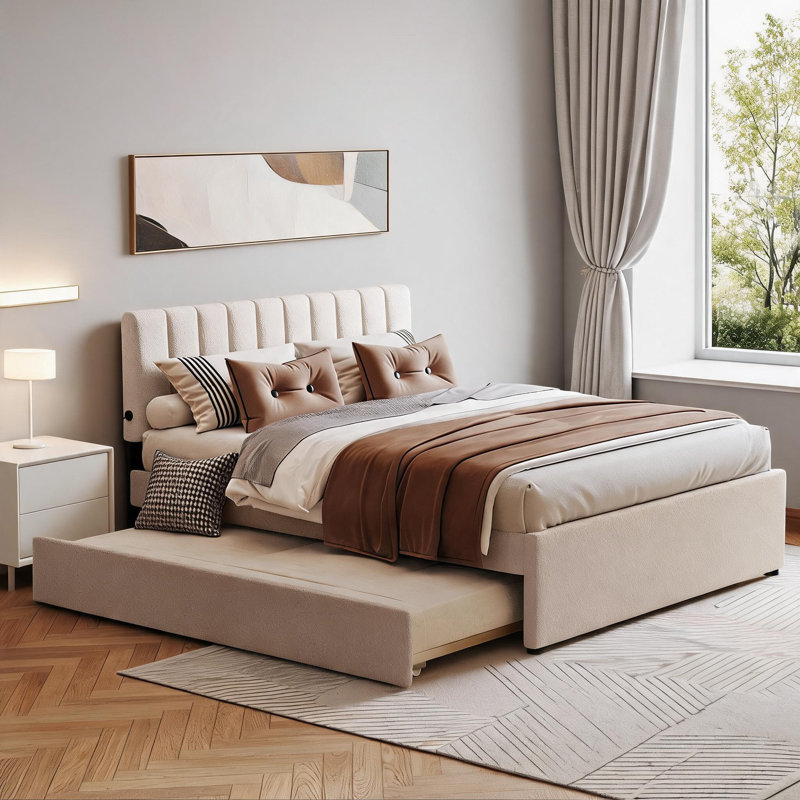 Lit plateforme tapissier à tête de lit beige chaud et rayé avec lit gigogne simple TG, molleton avec éclairage à DEL contrôlé par l'application