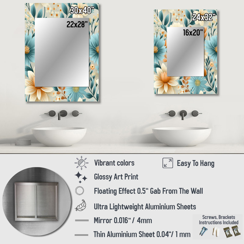 Zoran Blue Timeless Garden Flourish - botanical  Wall Mirror, Botanical Decorative Mirror, Printed Metal Art, 40" x 30"