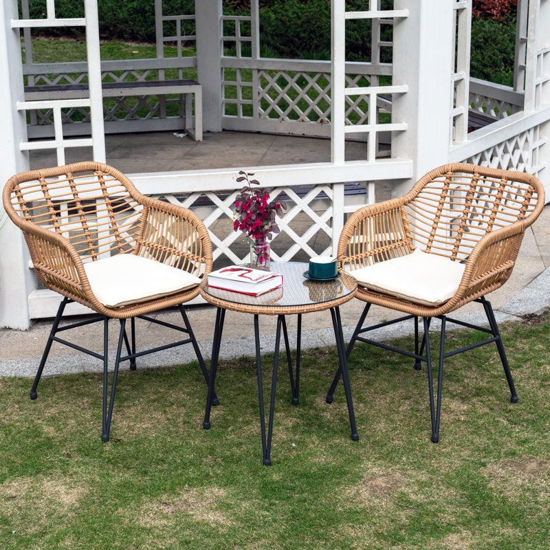 Virgie 2 - Person Patio Conversation Set with Cushions, Beige, Natural/Black