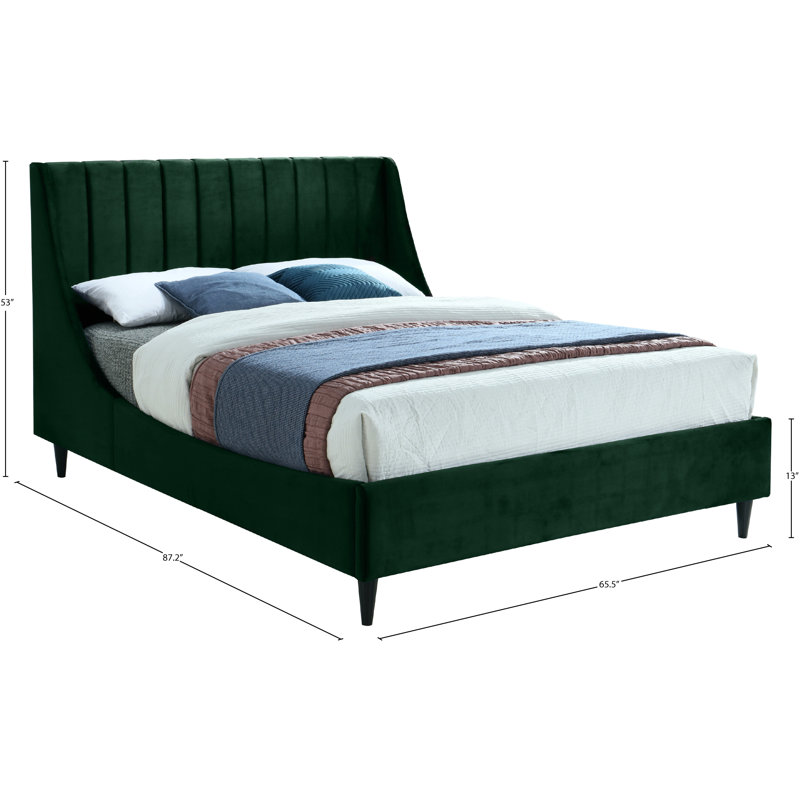 Eva Upholstered Low Profile Platform Bed, Green Velvet, Queen