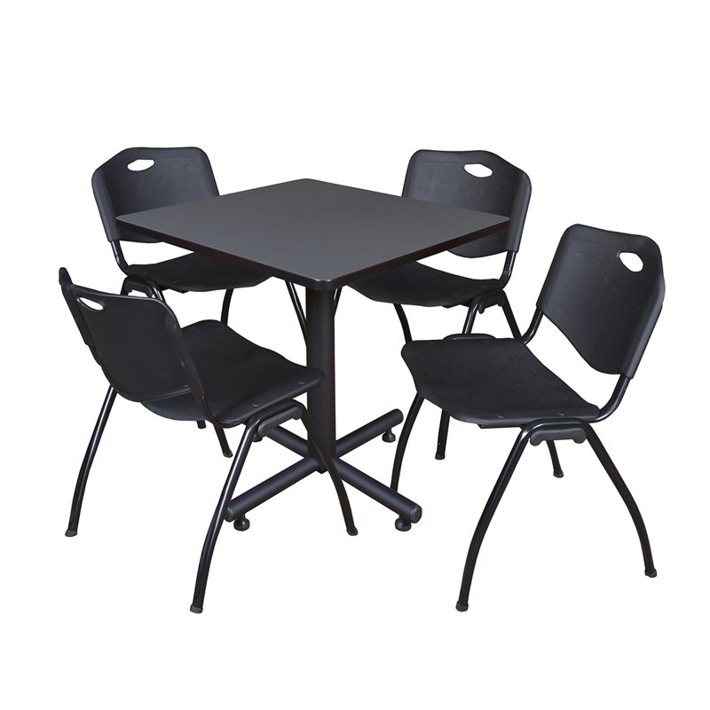 Table de salle de repos carrée Nicklo, chaises empilables 4 M, Gris, Noir
