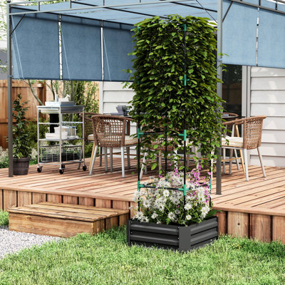 Jardinière extérieure galvanisée 24 x 24 x 11,61 avec treillis et cage à tomates pour autres plantes dans la cour arrière