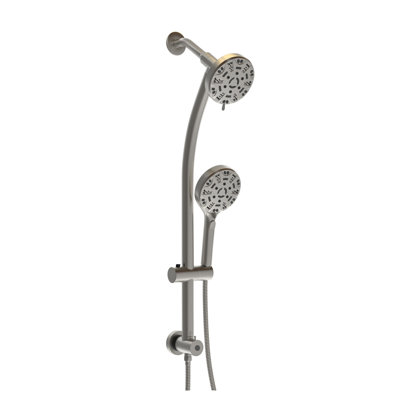 Système de double pomme de douche avec pomme de douche à pluie de 4,7 po et douchette à 8 fonctions, barre coulissante réglable, finition nickel brossé