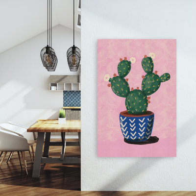 Potted Cactus Bloom Modern Vibrant Abstract Cactus Plant Succulent Flower Nature Wall Art Print by Nicholas - Wrapped Canvas Print