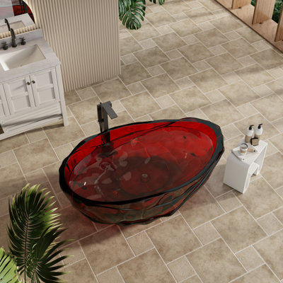 CASAINC 67"x 37.6" Wavy Red Semi Transparent Resin Freestanding Soaking Bathtub
