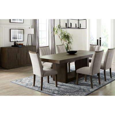 Contemporary 7pc Brown Wood Finish Dining With 6 Gray Upholstered Side Chairs And Extendable Rectangular Table For Room