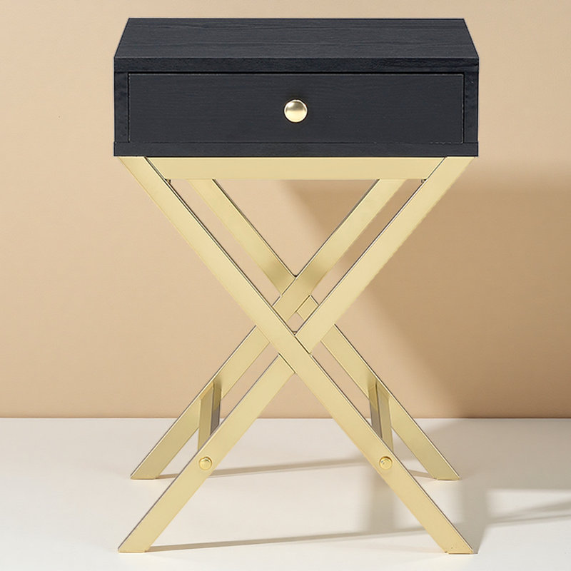 Table de bout moderne - élégante table d'appoint noire et de salon avec tiroir de rangement, conception en X