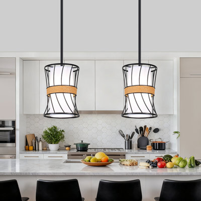 Luminaire suspendu cylindrique moderne à 1 lumière avec abat-jour en tissu blanc pour îlot de cuisine