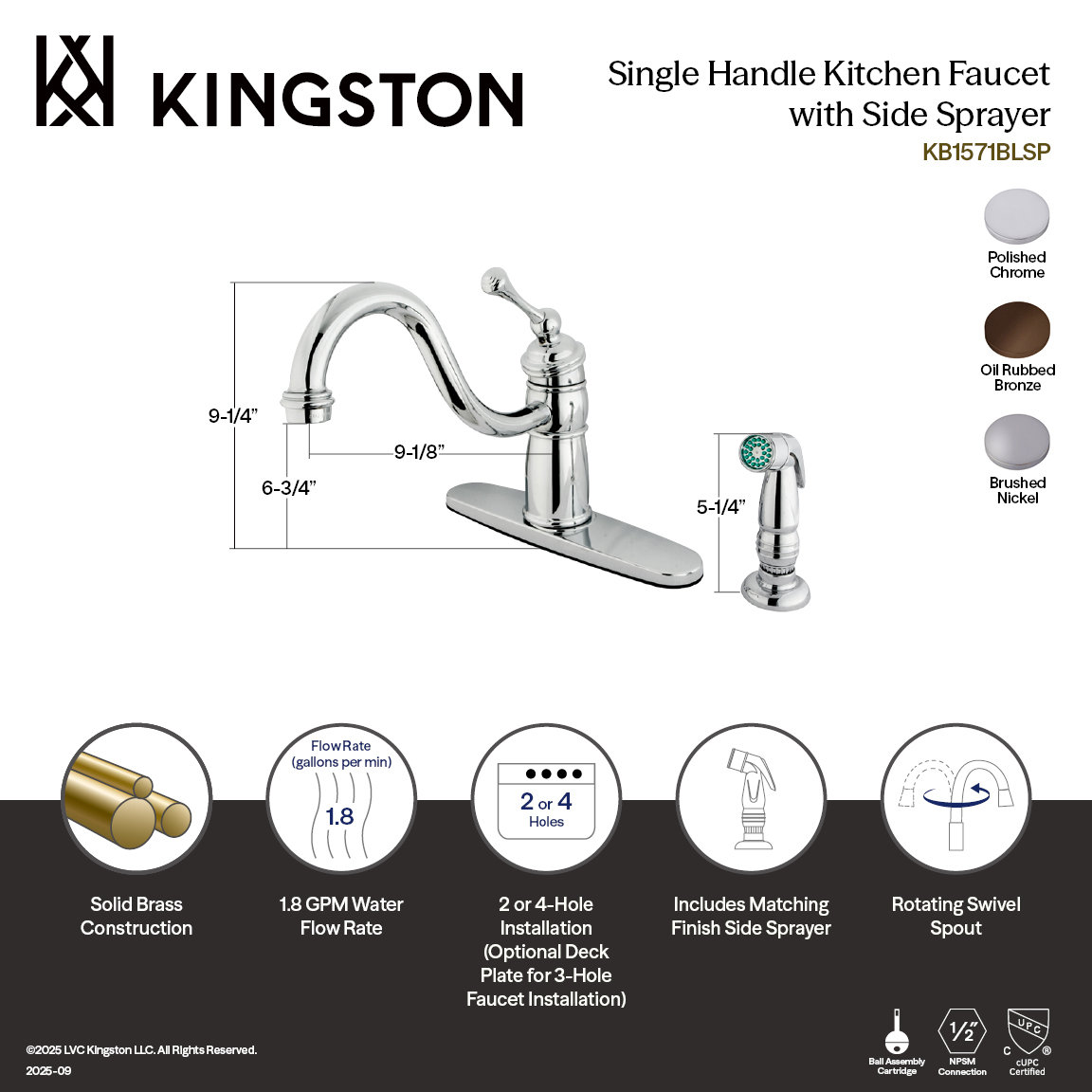 Victorian Mono Deck Mount Single Handle Kitchen Faucet with Side Spray, Polished Chrome