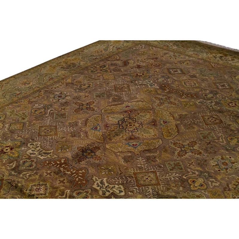 Tapis brun / olive noué à la main de conception unique 9 pi 2 po x 12 pi 4 po