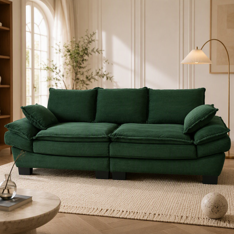 Canapé courbé moderne avec dossier rembourré et deux coussins décoratifs pour un confort et un style ultimes
