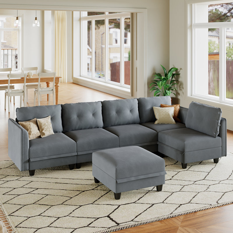 Canapé modulaire réversible avec repose-pieds Bresee, Velours gris velours, H 34 po x l 112 po x P 56 po