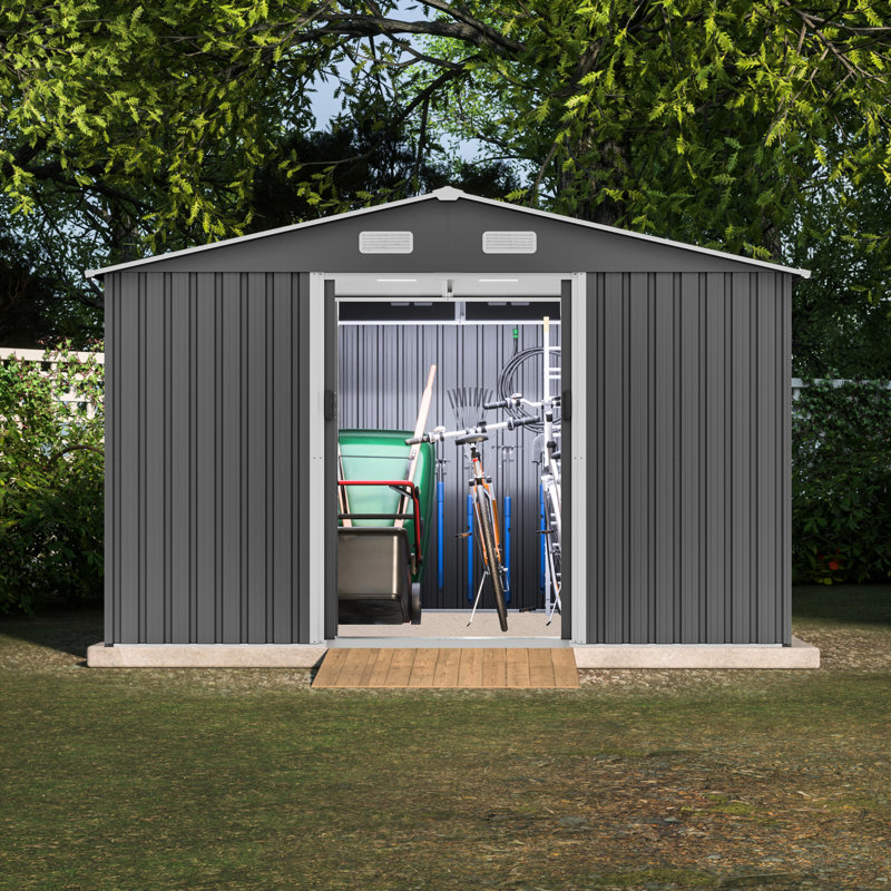 10x8 Ft Grey Shed With Lockable Feature, Metal For Garden Foundation And Door Access, Gray, 74.39" H x 117.8" W x 95.9" D