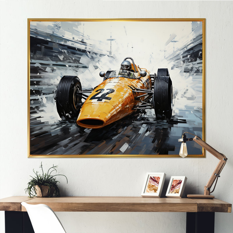 Art sur toile jaune et noir, Grand Prix Racing I, Cadre flottant doré, H 24 po x l 32 po x P 1 po