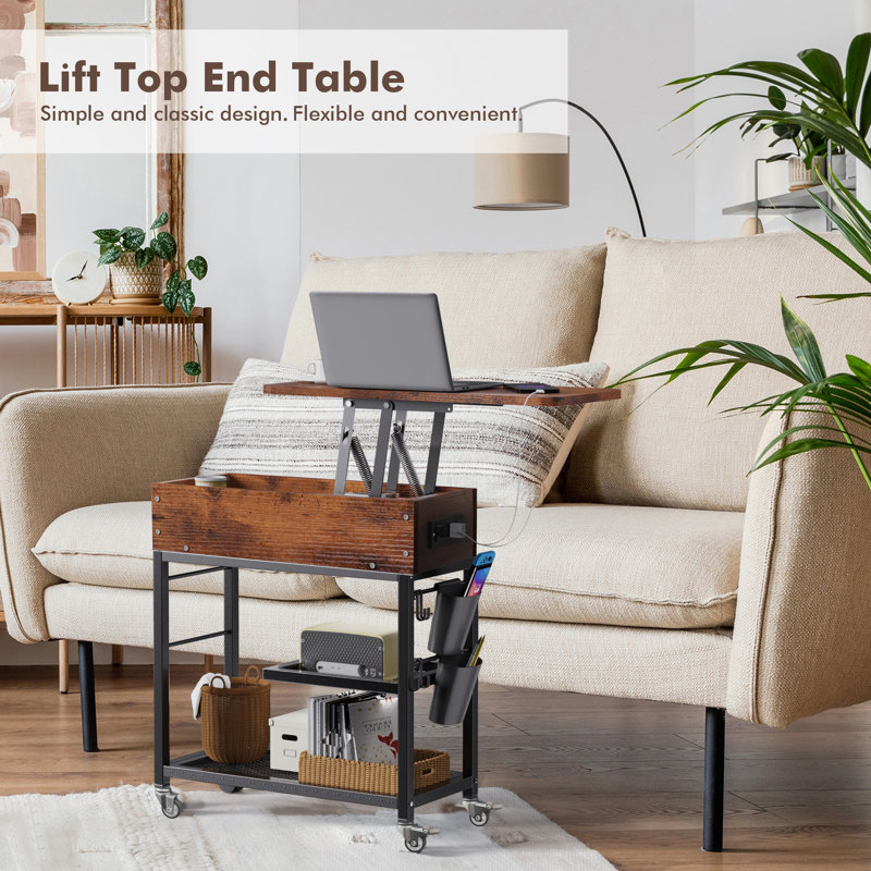 Lift Top End Table with Charging Station, Rustic Brown