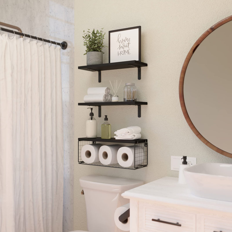 Cantura 3-Piece Floating Wall Shelves with Wire Storage Basket, Black