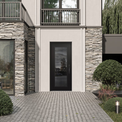 С1 Panel Black Steel Black/Black Mirrored Glass Prehung Front Entry Door