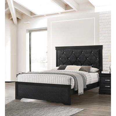 Modern King Size Bed With Upholstered Headboard And Charming Button Tufting, Black Wood Finish Decoration Spectacular Strong Formation Element Component