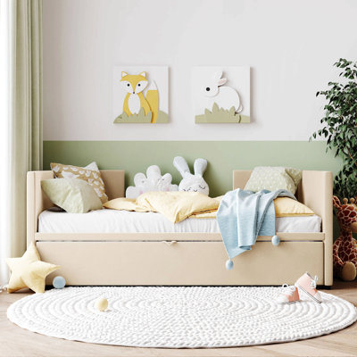 Lit de jour simple tapissier avec couchette escamotable, beige