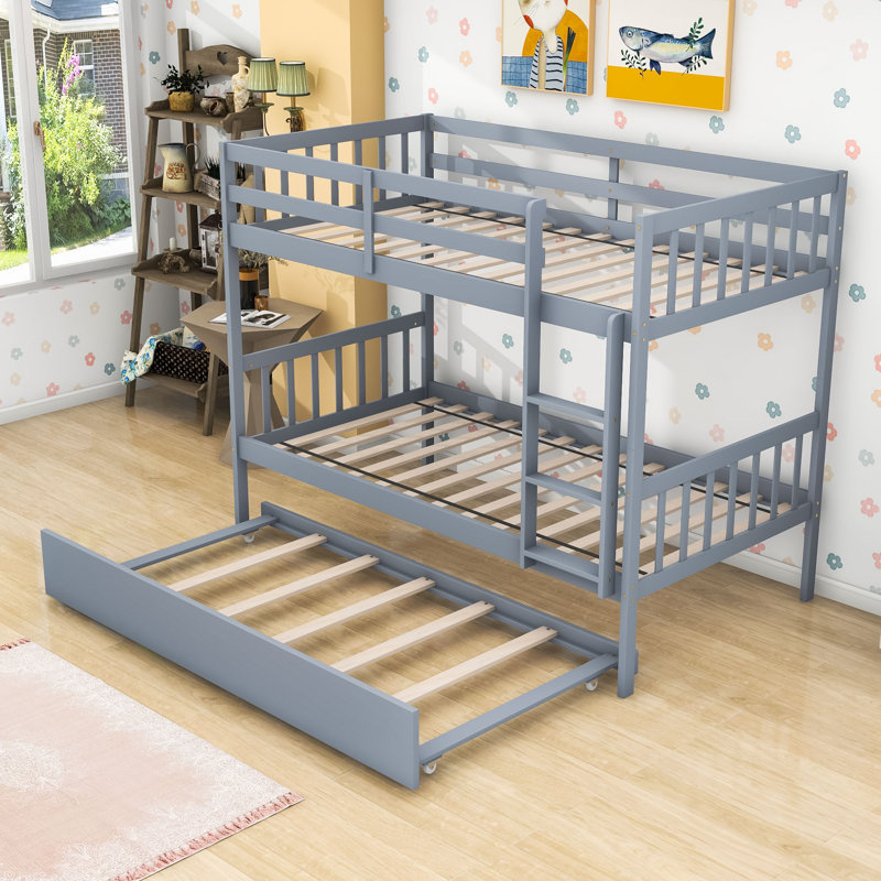 Keyen Convertible Twin Over Twin Wood Bunk Bed With Twin Trundle, Gray