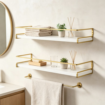 Floating Bathroom Shelves Wall Mounted, Shelves for Bathroom Accessories, Modern Bathroom Organizer with Towel Bar for Wall Decor Storage in Small Spaces, Set of Two