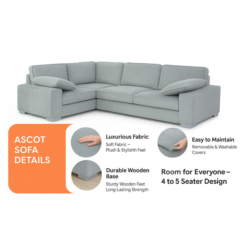 Ascot Left - Hand Corner Sofa 4 Seater Sofa With Chaise , Grey Corduroy