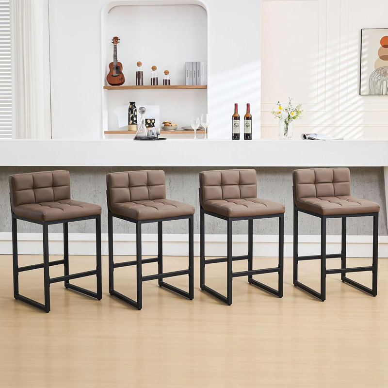 Tabouret de comptoir rembourré à dossier bas avec structure en métal épaissie pour îlot de cuisine, Brun, 4