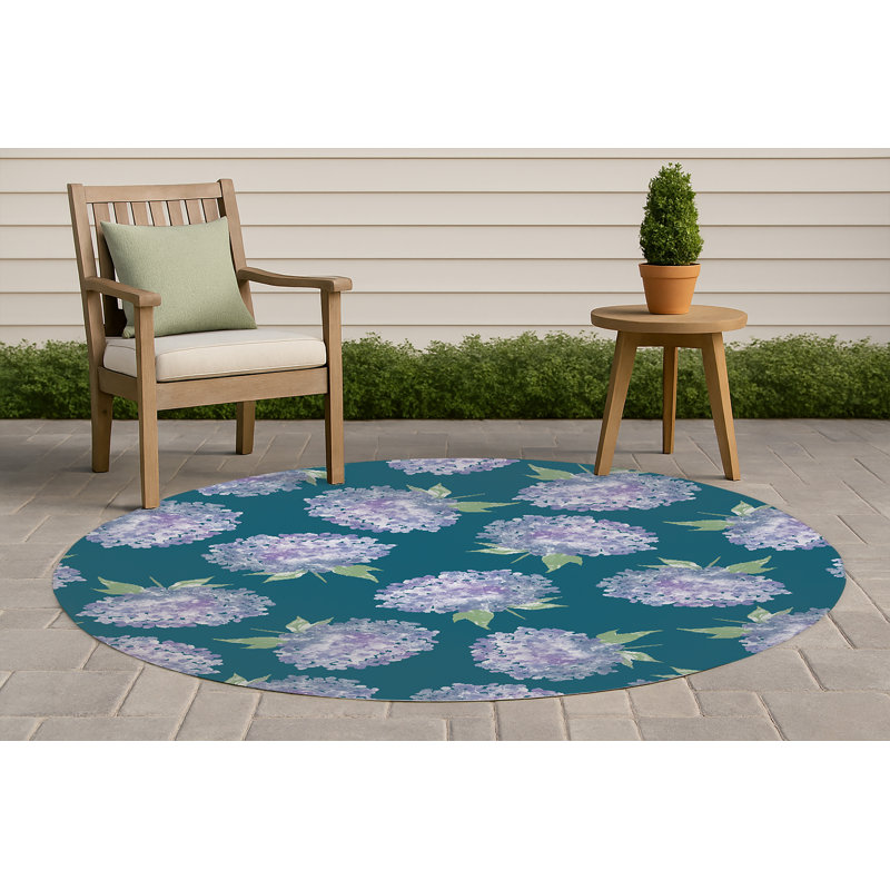 Tapis d'extérieur Hydrangea Love, Bleu sarcelle, Rond 5 pi