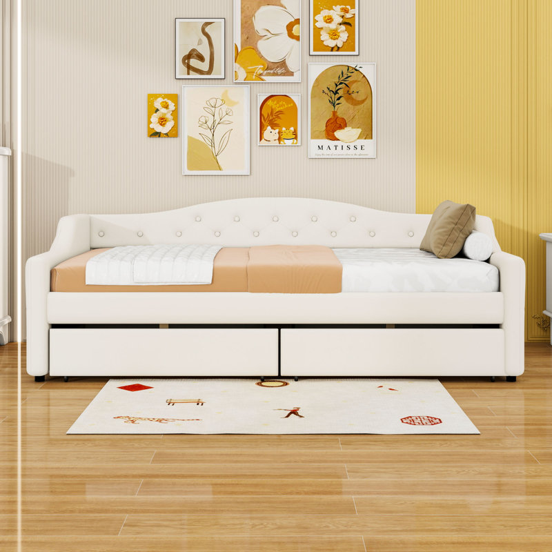Twin XL Upholstered Daybed with Trundle and LED and 2 Drawers, Beige