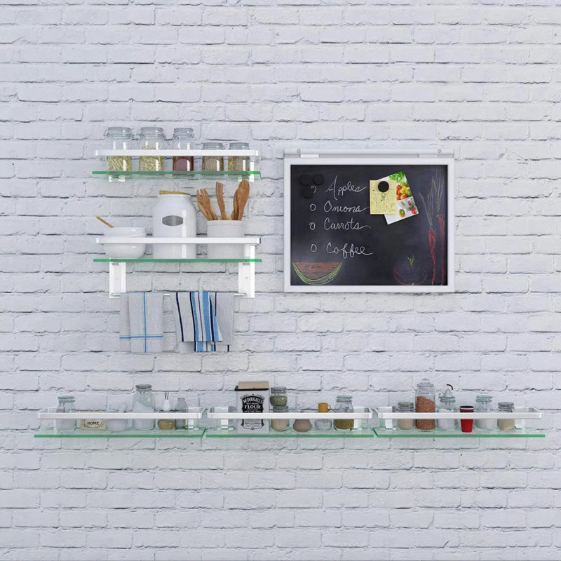Bathroom Shelf Wall Mounted Floating Glass Shelf with Towel Rack 2 Tiers, Silver