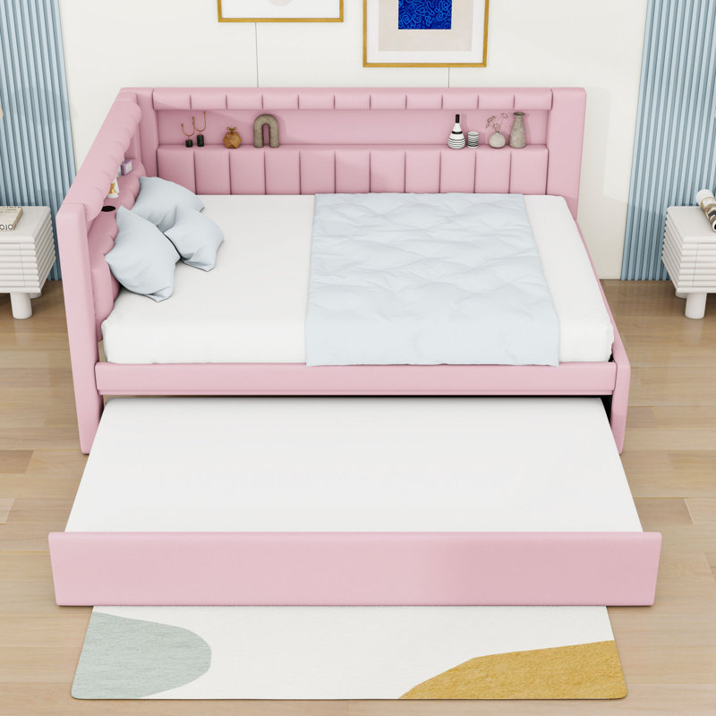 Lit de jour rembourré pleine grandeur avec DEL, ports USB et lit gigogne simple, Rose