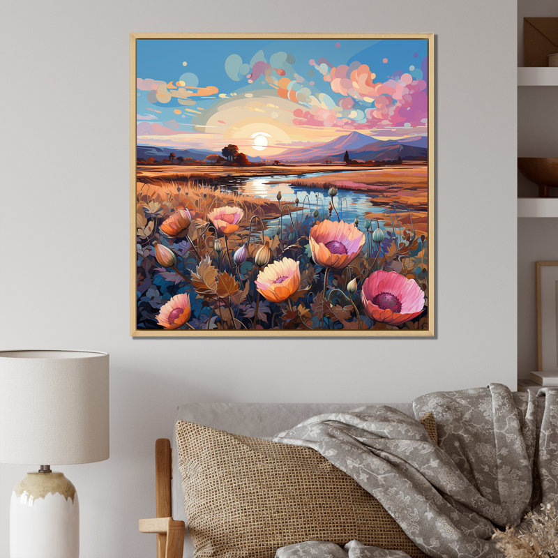 «Thistle Flower Field Sunset» sur toile, Cadre naturel flottant, H 24 po x l 24 po x P 1 po