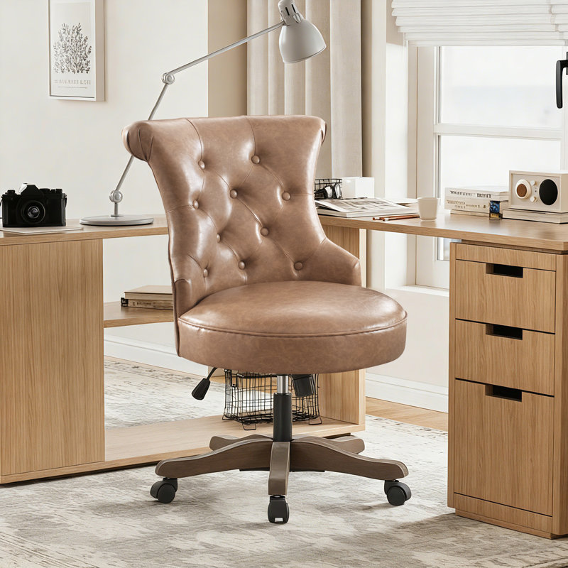 Asyra Wide Back Tufted Swivel Task Chair, Amber Taupe Leather