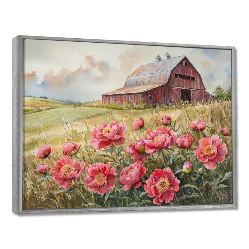 Doffin pivoines dans la brise de basse-cour VI - pivoines, art mural, Argent argent, H 12 po x l 20 po