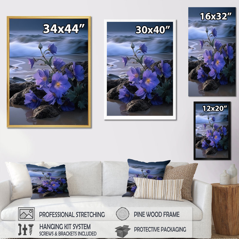 Violets bord de mer sur toile, Cadre naturel flottant, H 32 po x l 16 po