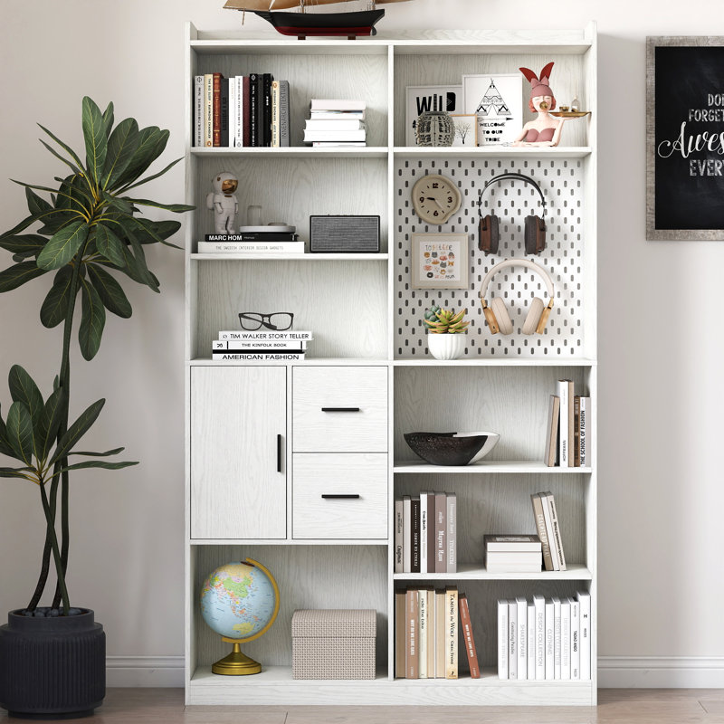 Modern White Storage Shelf With Drawers And Pegboard Design – Versatile Bookshelf For Home Or Office