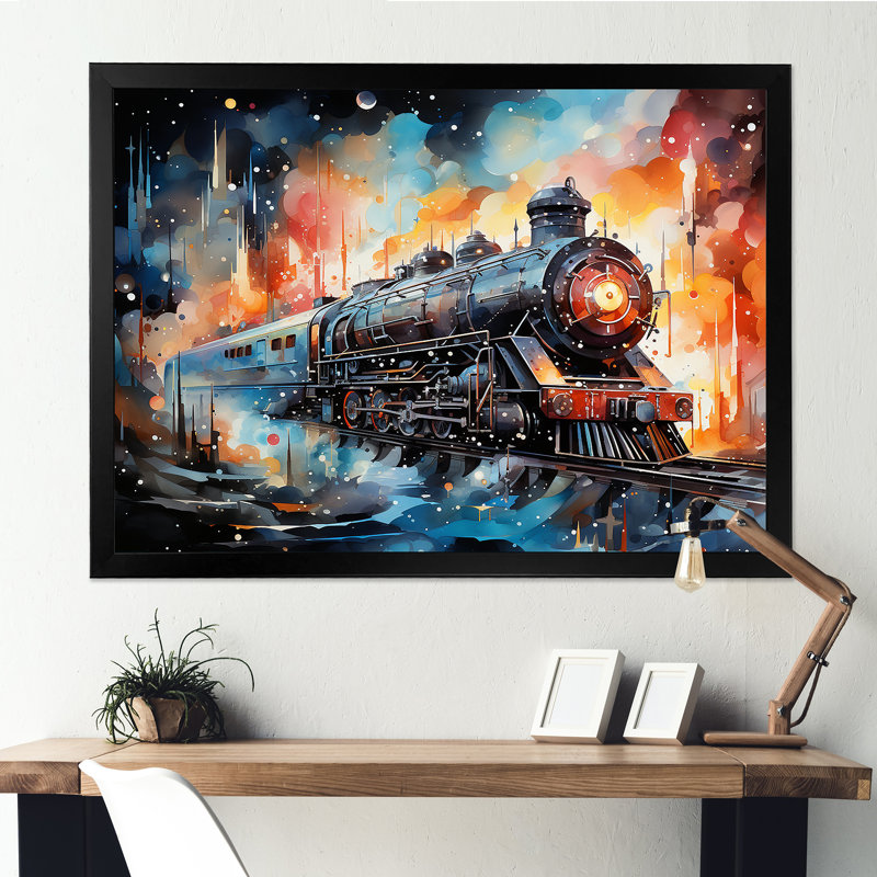 Train, vaisseau, voyage, retour vers le futur I - train, art mural, Cadre d'angle fermé noir, H 34 po x l 44 po x P 1,5 po