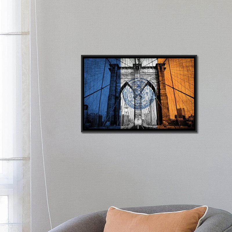 « flags new york brooklyn bridge », impression sur toile, H 18 po x l 26 po x P 1,5 po, Toile encadrée noire, Pas de tapis