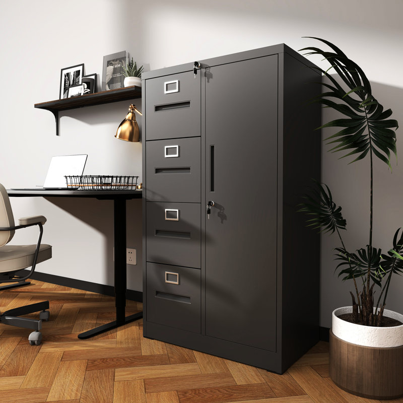 Steel File Locker With Lock, 4 Drawers, And Storage Wardrobe, , Silent Operation For Office Metal Vertical Locker, Black Finish, High - Quality Cold Rolled Steel, Smooth Drawers Home