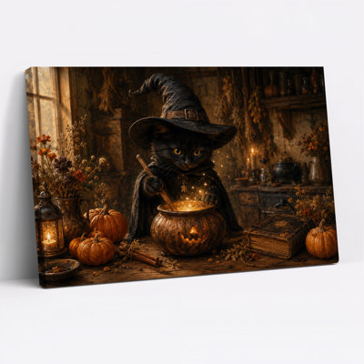Black Cat Witch Stirring Glowing Cauldron Halloween Canvas Wall Art