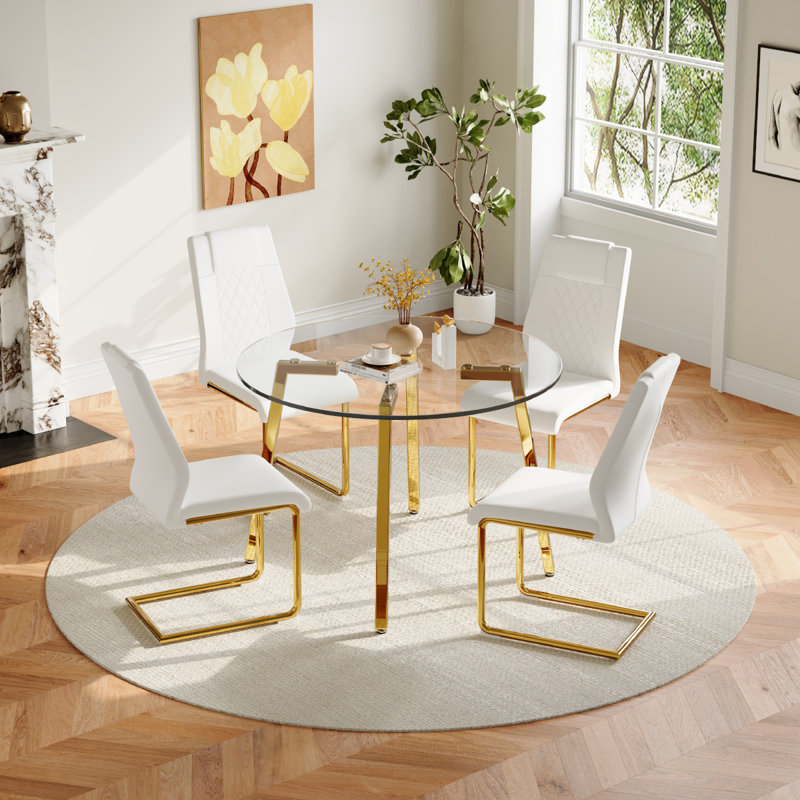 Glass Top Dining Set, 5, Gold, White/Gold