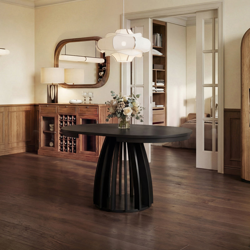 Extendable Round Dining Table, Black, Black