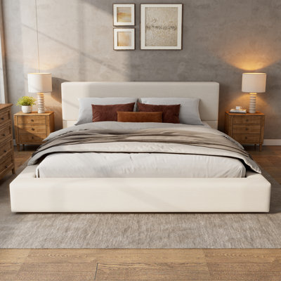 Linen Upholstered Platform Bed With Thick Headboard & Rubberwood Frame