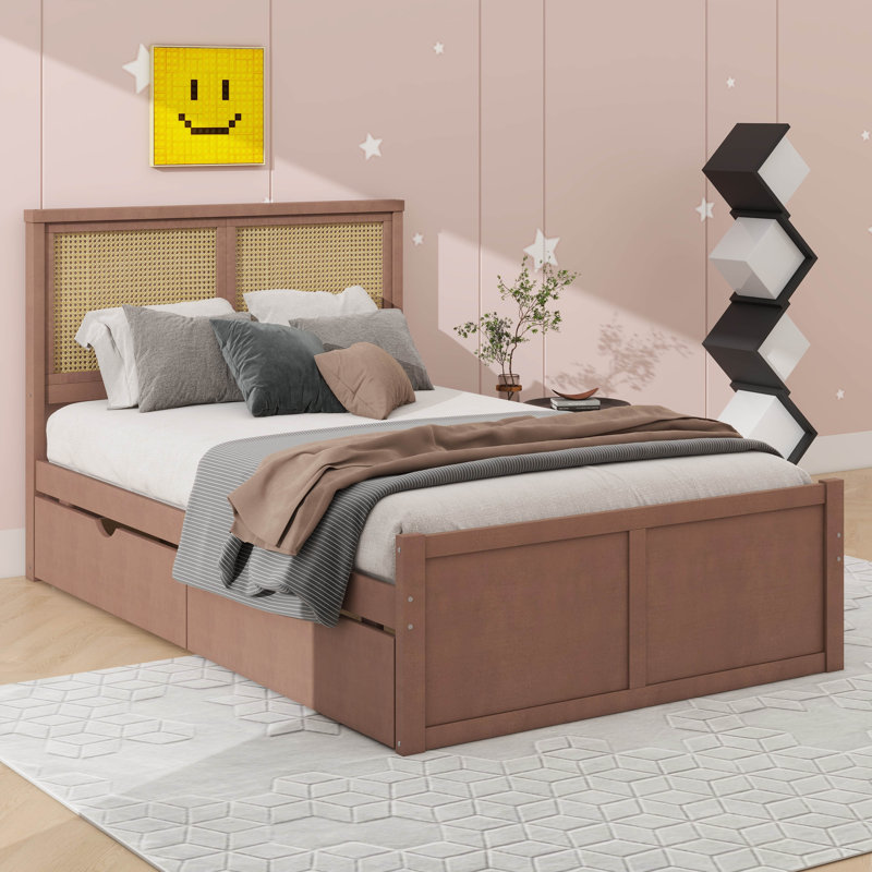 Lit plateforme avec rangement en bois et quatre tiroirs, Lit double, Espresso