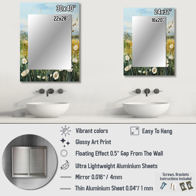 «Meadow Whispers Of Spring III», grand miroir mural traditionnel, impression sur métal, 40 po x 30 po