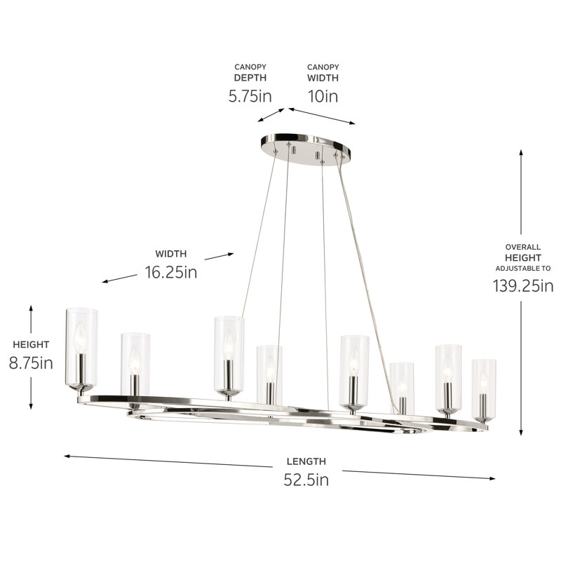 Curved Modern Chandelier with Clear Cylinder Glass, 8.75" H x 16.25" W x 52.5" D, Polished Nickel, 8