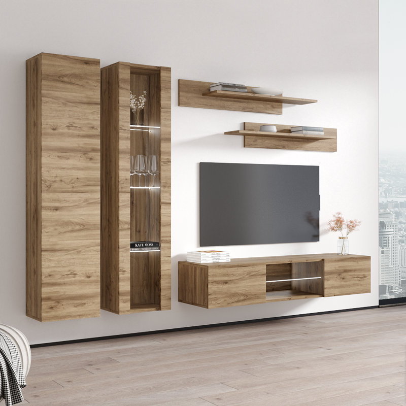 100" Modern Floating Wall Mounted Entertainment Center with 16-Color LED Lighting, High Gloss Finish, Oak