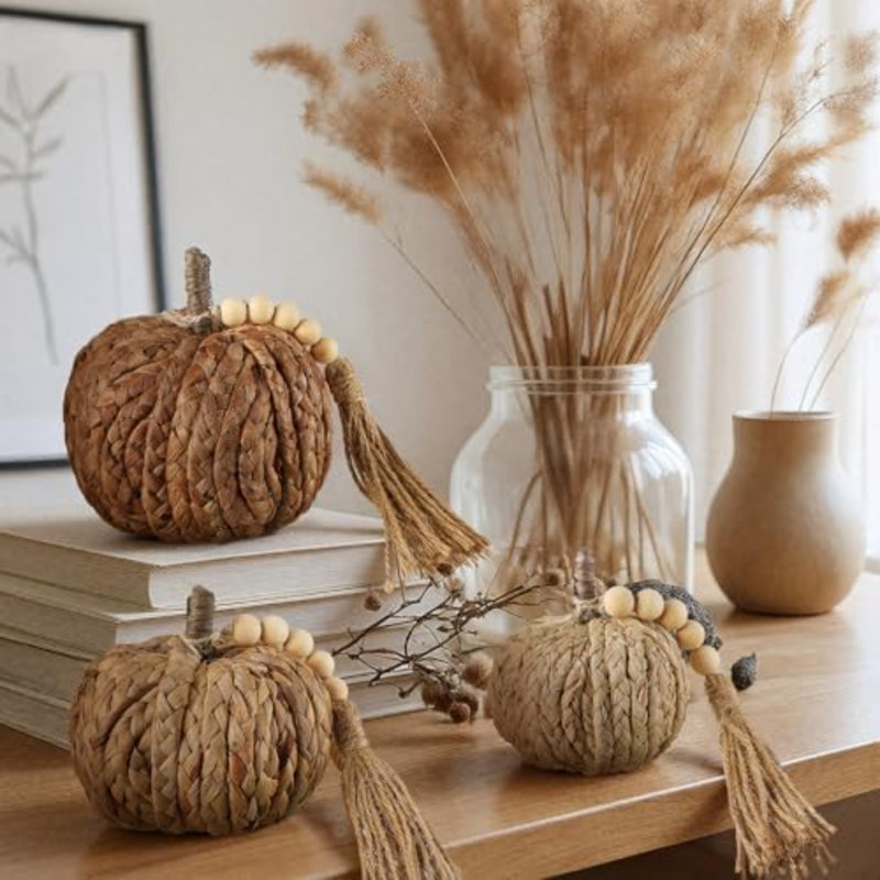 3 pièces citrouille en rotin avec perles de pampille Boho neutre automne décor de l'Action de grâce fait à la main citrouille artificielle tissée centres de table décorations d'automne pour la cheminée intérieure Halloween