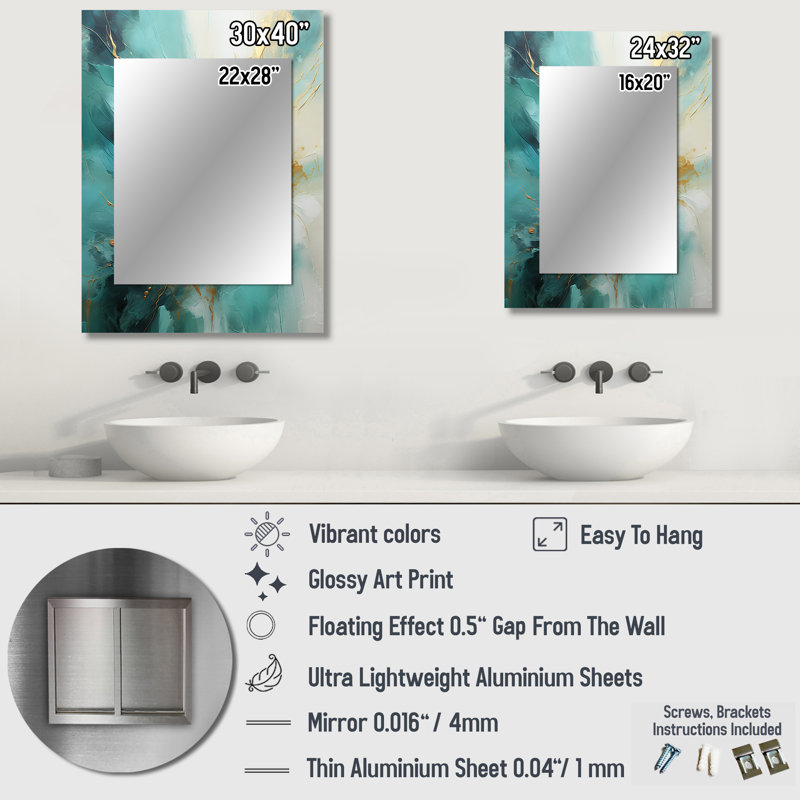 Gold And Teal Aurora Harmony II - Abstract Spirals Wall Mirror, Modern Decorative Mirror, Printed Metal Art, 40" x 30"